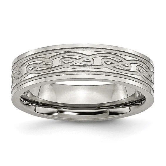 Ladies rings etched pattern styles-Stainless Steel Flat Laser Etched Celtic Knot 6mm Polished Band