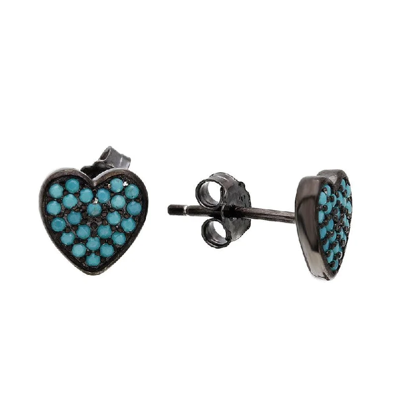 Ladies earrings low maintenance styles-Black Rhodium Plated 925 Sterling Silver Heart Earrings with Turquoise Stones - STE01074BLU