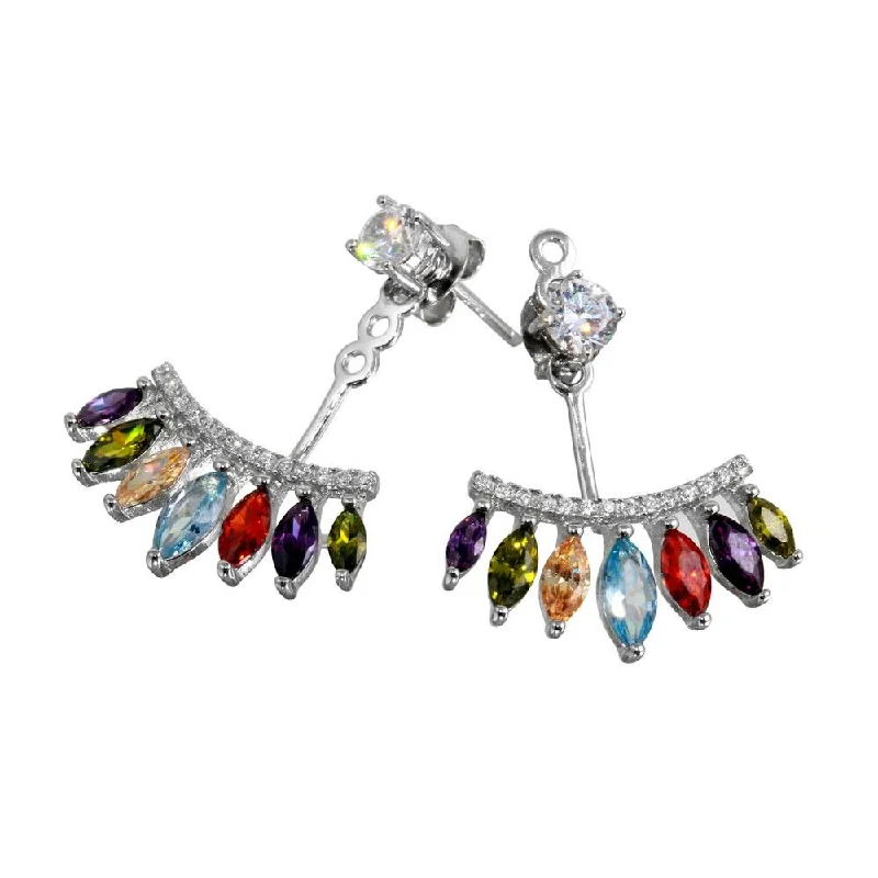 Ladies earrings creative artistic styles-Rhodium Plated 925 Sterling Silver Multi Color CZ Hanging Front and Back Earrings - BGE00551