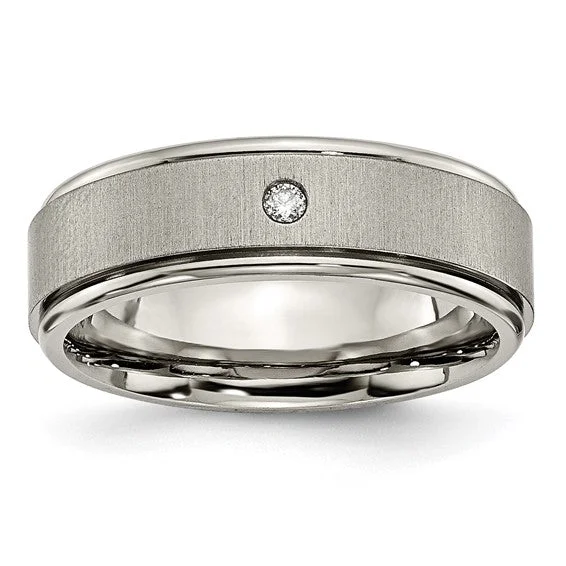 Ladies rings anniversary band designs-Titanium Brushed / Polished .05ct Diamond Rounded Edge 7mm Band