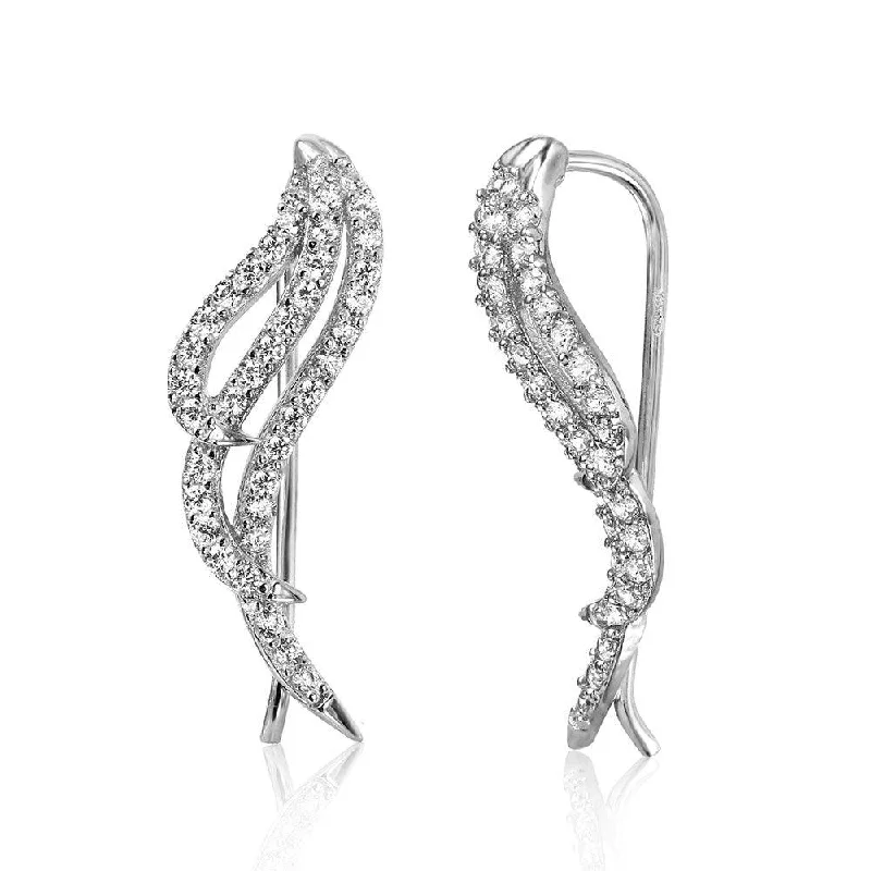 Ladies earrings mixed metal finishes-Silver 925 Rhodium Plated Wings Earrings with Cubic Zirconia Stones - GME00039RH