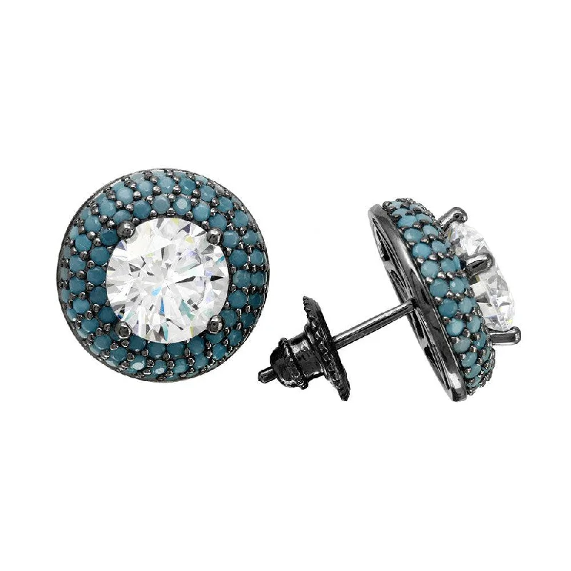 Ladies earrings sculptural shape earrings-Black Rhodium Plated 925 Sterling Silver  Blue CZ Halo Stud Earrings - GME00082BLK