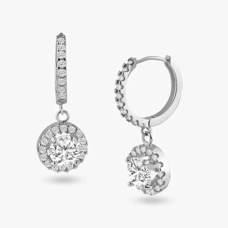 Ladies earrings sparkle detail designs-Silver 925 Rhodium Plated Round CZ Dangling Hoop Earrings - BGE00117