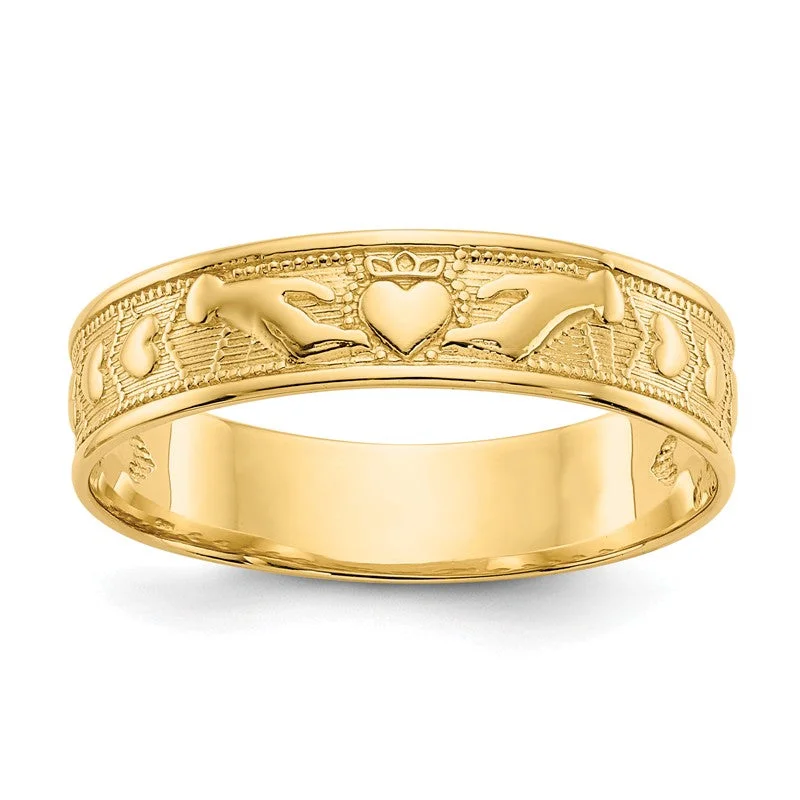 Ladies rings Celtic knot designs-14k Yellow Gold 5mm Wide Claddagh Design Band