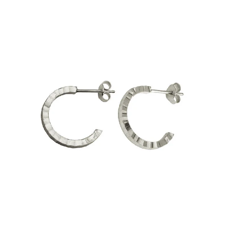 Ladies earrings expressionist designs-Rhodium Plated 925 Sterling Silver Diamond Cut Semi Hoop Earrings 20mm - ECE00031RH