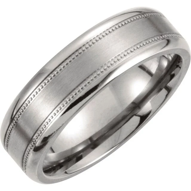 Ladies rings bezel set designs-Titanium 7 mm Satin Finish Center & Polished Milgrain Band