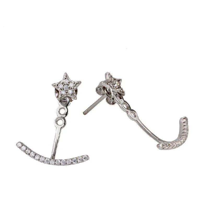 Ladies earrings stud style trends-Rhodium Plated 925 Sterling Silver Star with Half CZ Crescent Earrings - BGE00548