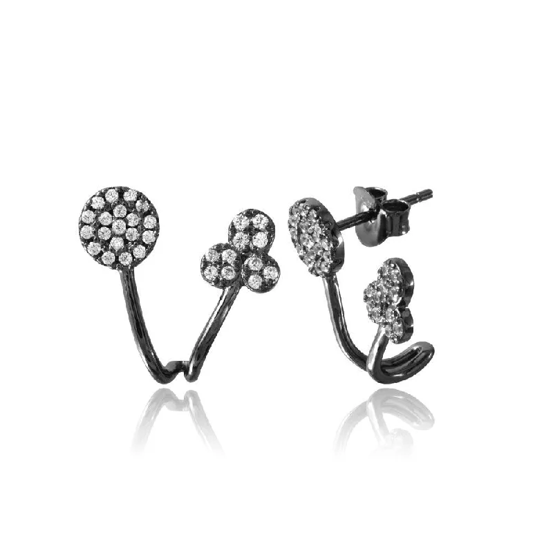 Ladies earrings delicate drop styles-Black Rhodium Plated 925 Sterling Silver Circle and Three Leaf Clover Folded Earrings - BGE00546