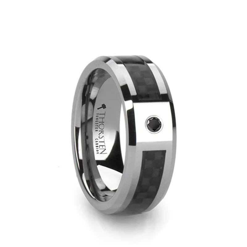 Ladies rings personalized touch options-Thorsten BENTLEY Tungsten Wedding Band with Black Carbon Fiber and Black Diamond Setting - 8mm