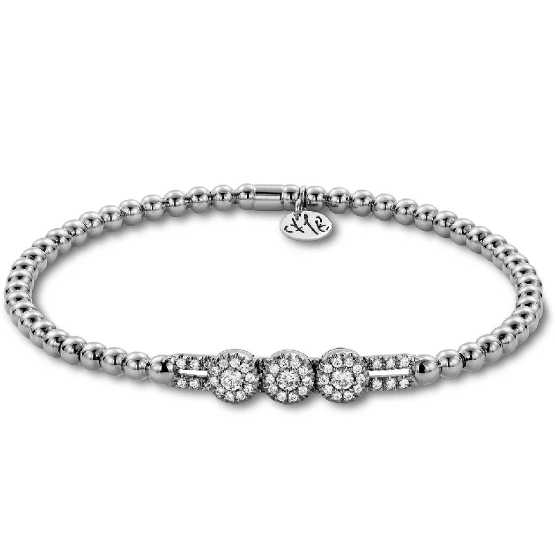 ladies bracelet silver satin-Hulchi Belluni Fidget Bracelet with Three Pave Diamond Moveable Stations White Gold Stretch Stackable