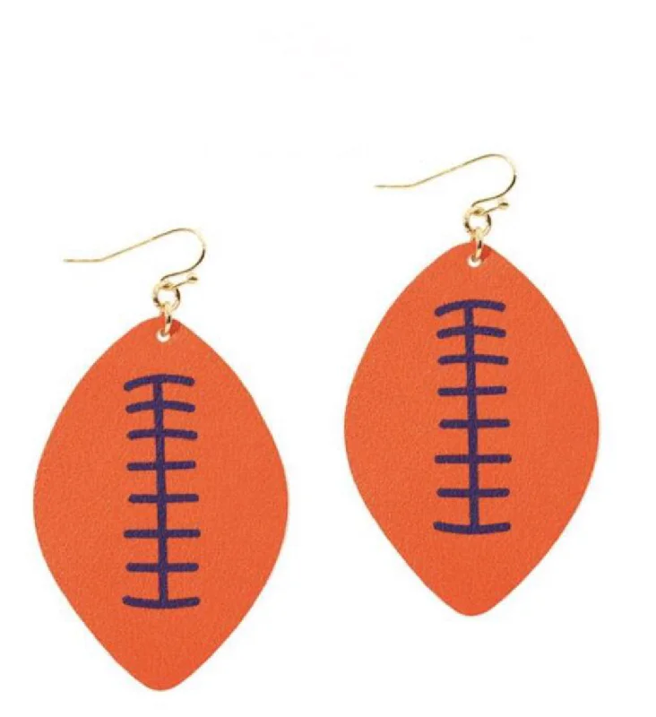 Ladies earrings industrial style designs-College Football Leather Sport Earrings Orange and Purple