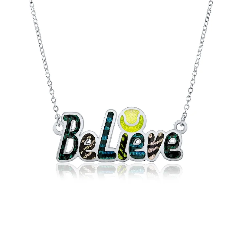 ladies necklace intricate onyx-Enamel "Believe" Tennis Necklace