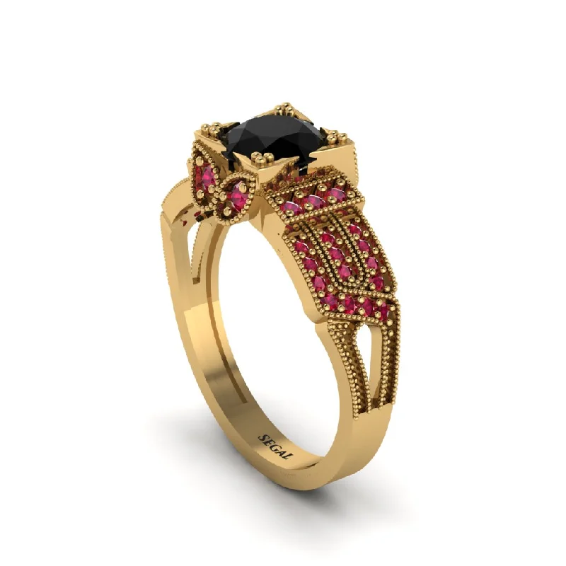 Ladies engagement rings Scandinavian diamond styles-Black Diamond Milgrain Gold Engagement Ring - Lyric No. 52