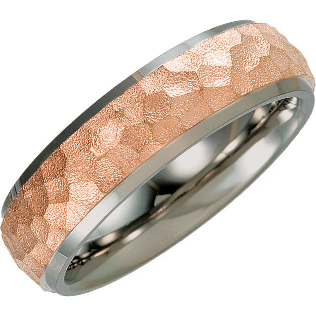 Ladies rings glitter accent styles-Titanium & 14k Rose Gold Immerse Plated 7mm Hammered Finish Beveled Edge Band