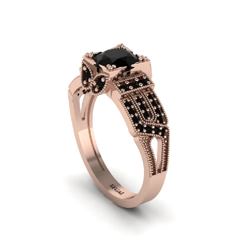 Ladies engagement rings green diamond cuts-Black Diamond Milgrain Gold Engagement Ring - Lyric No. 38