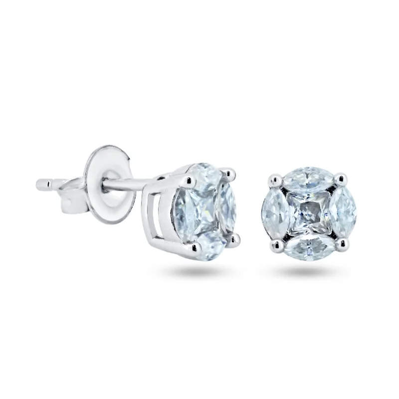 Ladies earrings top jewelry brands-Sterling Rhodium Plated 925 Sterling Silver Moissanite Stone Round Earring - MGME00006