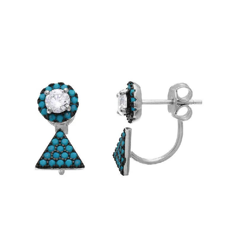 Ladies earrings tiered gem designs-Rhodium Plated 925 Sterling Silver Turquoise Stones Round Earrings with Hanging Triangle Accent - BGE00494