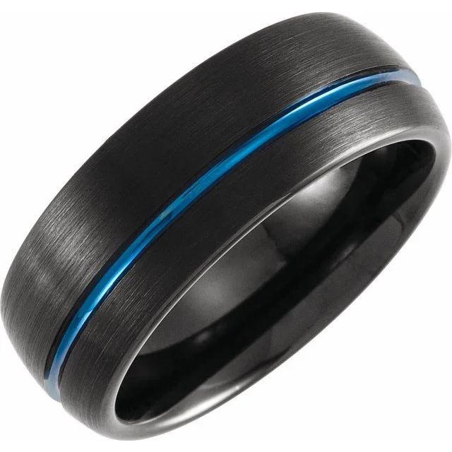 Ladies rings artisan metalwork styles-Black & Blue PVD Tungsten 8 mm Grooved Band