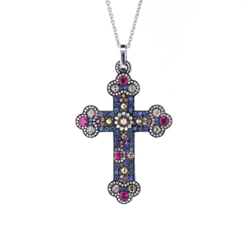 ladies necklace pave butterfly-Sapphire & Diamond Cross Pendant Necklace