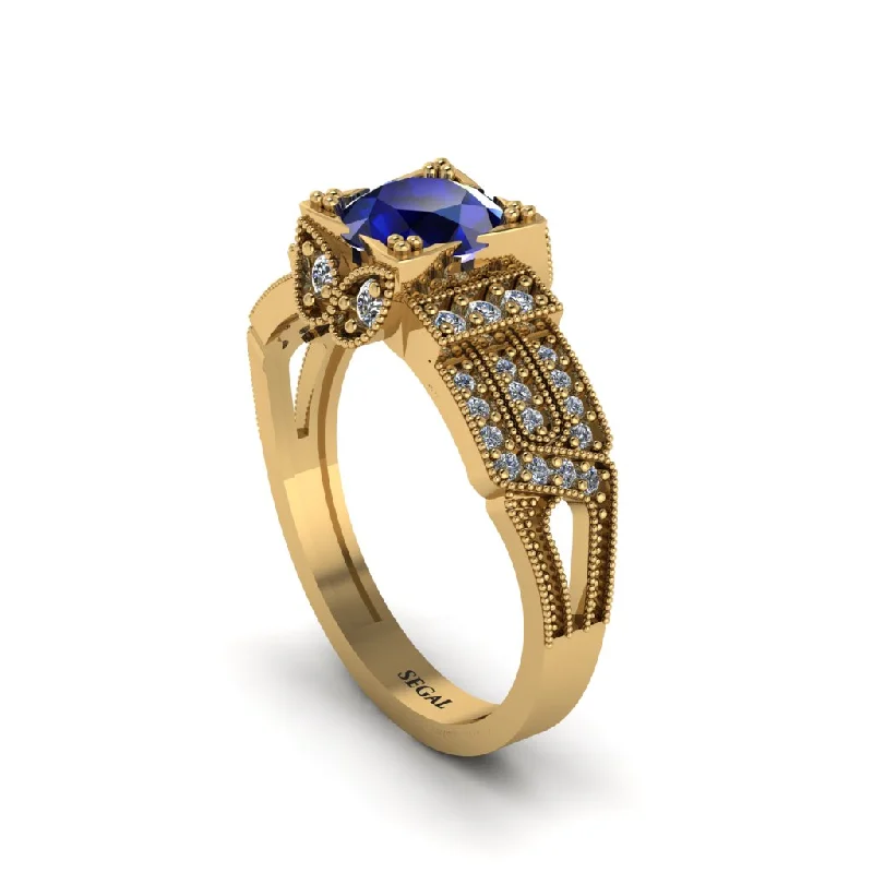 Ladies engagement rings engraved gemstone-Sapphire Milgrain Gold Engagement Ring - Lyric No. 13