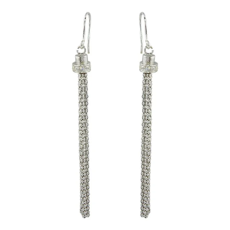 Ladies earrings sturdy build designs-Rhodium Plated 925 Sterling Silver Tassel Drop Earrings with CZ - ARE00010RH