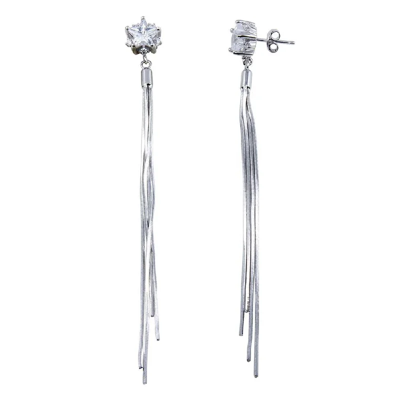 Ladies earrings cascading stone earrings-Rhodium Plated 925 Sterling Silver Star CZ Center Snake SQ Dangling Earrings - BGE00623