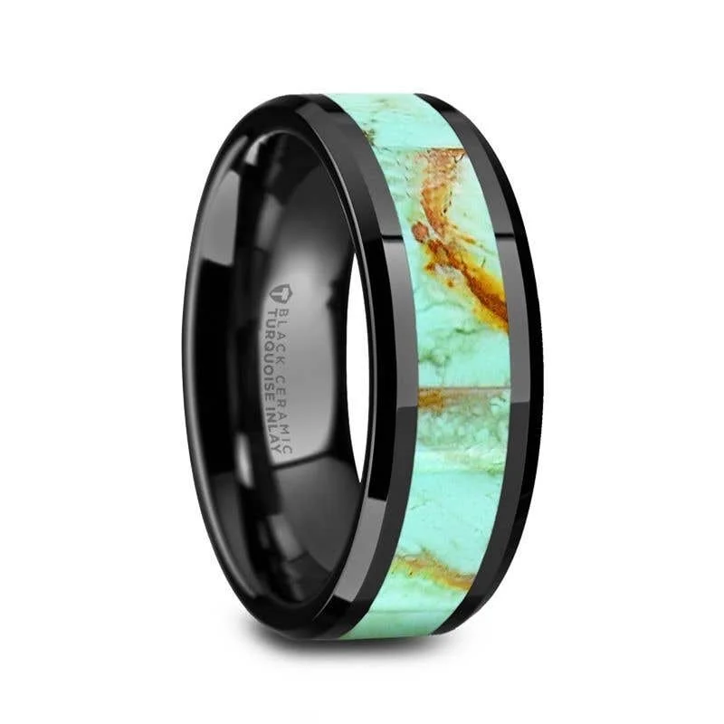 Ladies rings heavy duty rings-Thorsten PIETRO Polished Black Ceramic Wedding Band with Light Blue Turquoise Stone Inlay & Polished Beveled Edges - 8mm