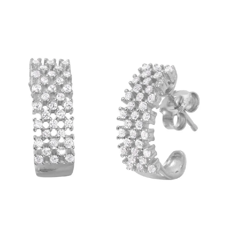 Ladies earrings multi-stone designs-Silver 925 Rhodium Plated Checkered CZ Semi-huggie hoop Earrings - ACE00082RH