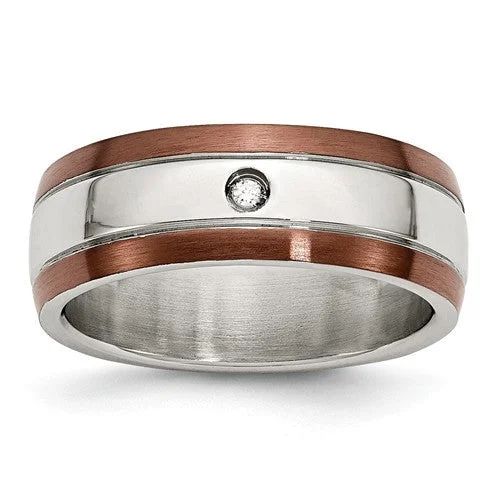 Ladies rings Japanese aesthetic rings-Stainless Steel Brown IP-Plated Brushed Finish Diamond 8mm Polished Band