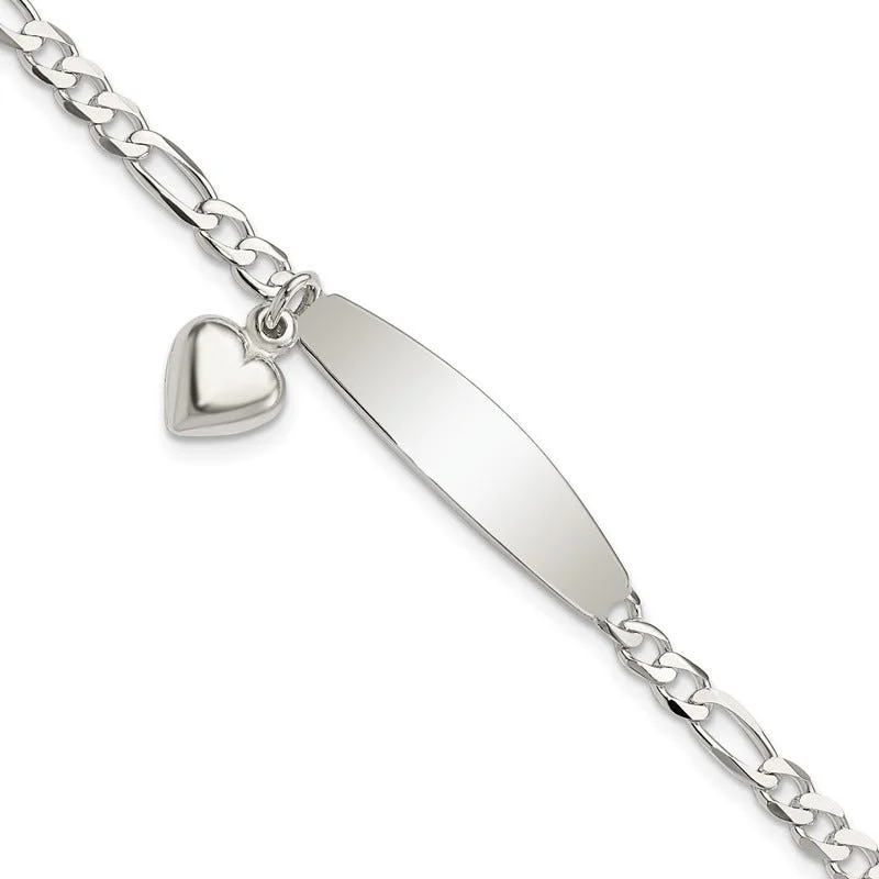 ladies bracelet nature rose quartz-Sterling Silver Polished Figaro ID Heart Dangle 8.5in Bracelet