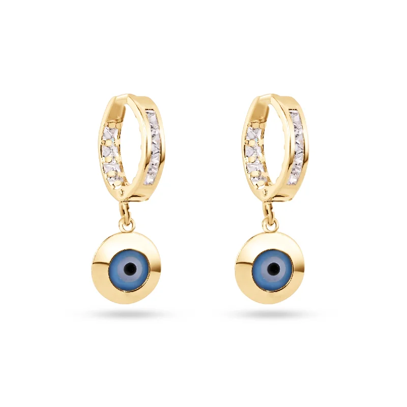 Ladies earrings baroque inspired designs-14E00418. - 14 Karat Yellow Gold Dangling Evil Eye Clear CZ 11.5mm Hoop Earrings