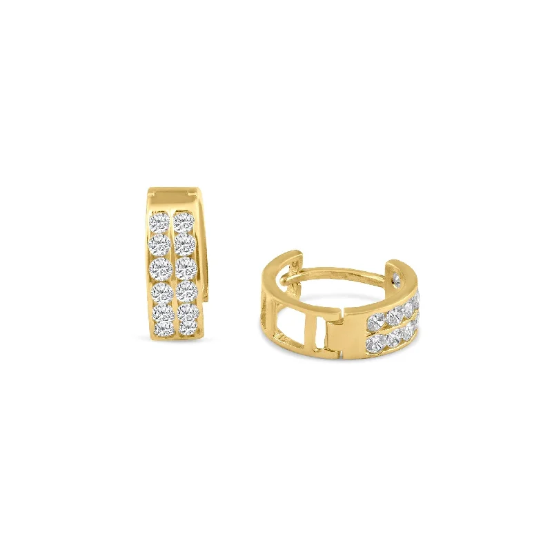 Ladies earrings two-tone earring designs-14E00102. - 14 Karat Yellow Gold CZ 2 Row Hoop Earring