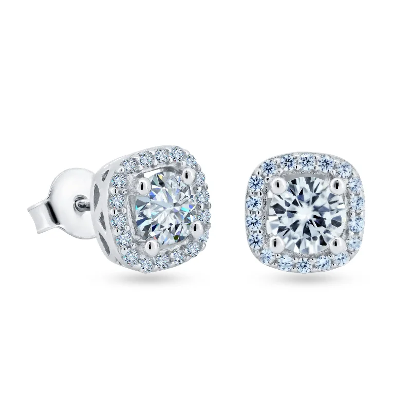 Ladies earrings futuristic design styles-925 Sterling Silver Moissanite 8mm Halo Push Back Earring - MBGE00006