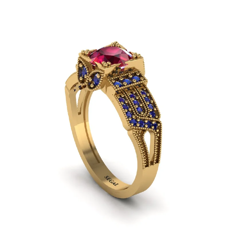 Ladies engagement rings spring diamond cuts-Ruby Milgrain Gold Engagement Ring - Lyric No. 70