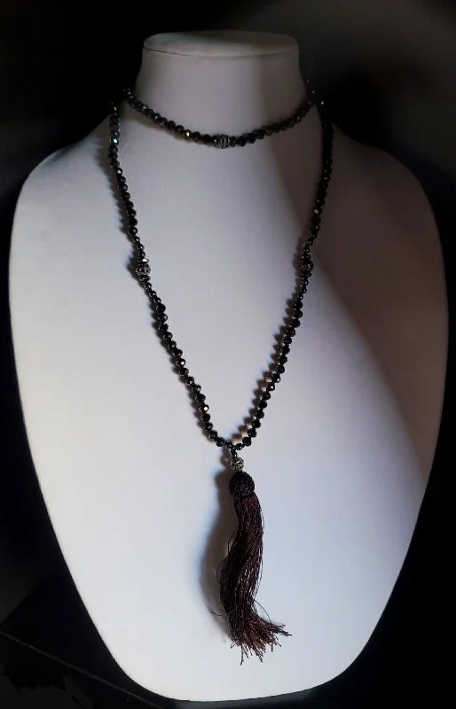 ladies necklace flower hammered-Black Tassel Necklace