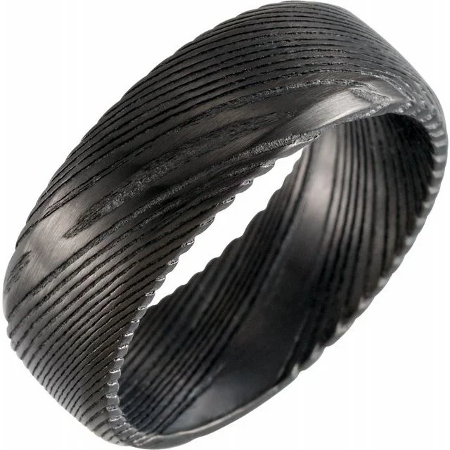 Ladies rings art deco designs-Black Damascus Steel 8 mm Patterned Band