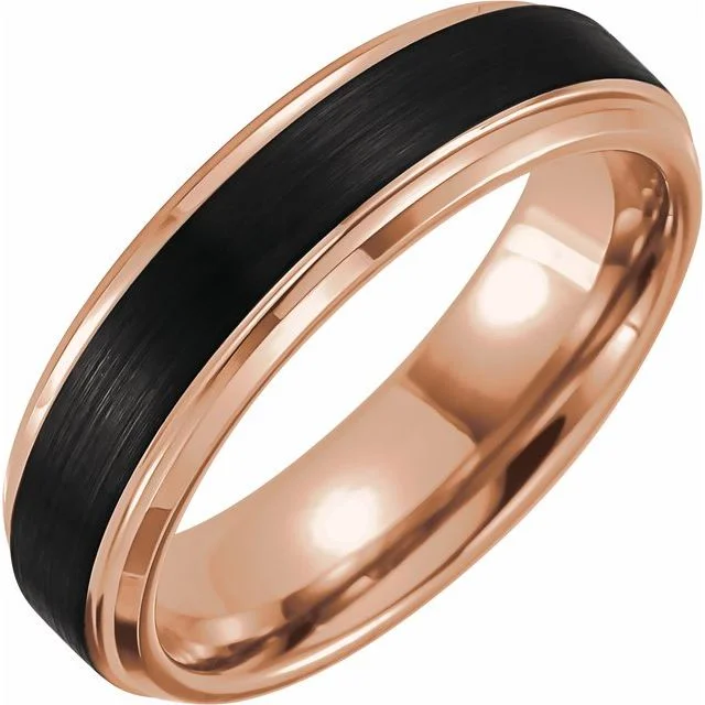 Ladies rings shiny gold rings-18K Rose Gold PVD & Black PVD Tungsten 6 mm Band with Satin Finish - Size 11.5