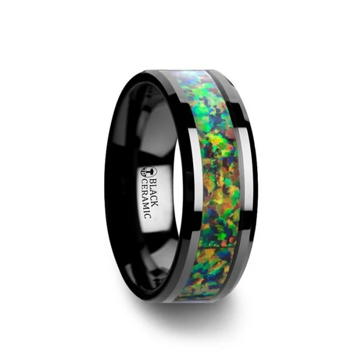 Ladies rings e-commerce store finds-Thorsten GALACTIC Black Ceramic Wedding Band with Beveled Edges and Blue & Orange Opal Inlay - 8mm