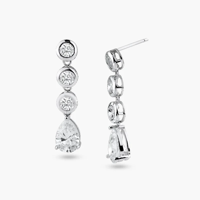 Ladies earrings heavy duty styles-Silver 925 Rhodium Plated Round Teardrop CZ Dangling Stud Earrings - STE00640