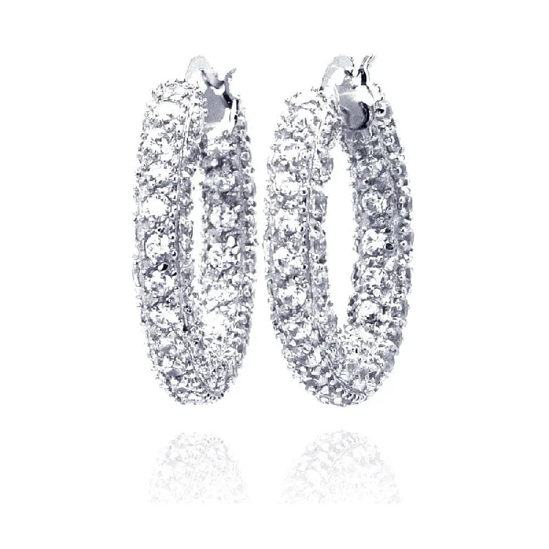 Ladies earrings raw diamond styles-Clearance-Silver 925 Rhodium Plated Rift Cluster CZ Hoop Earrings - STE00206