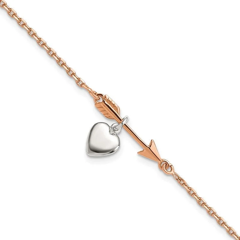 ladies bracelet matte hammered-Sterling Silver Rose-tone Arrow w/Heart 7.5in Bracelet