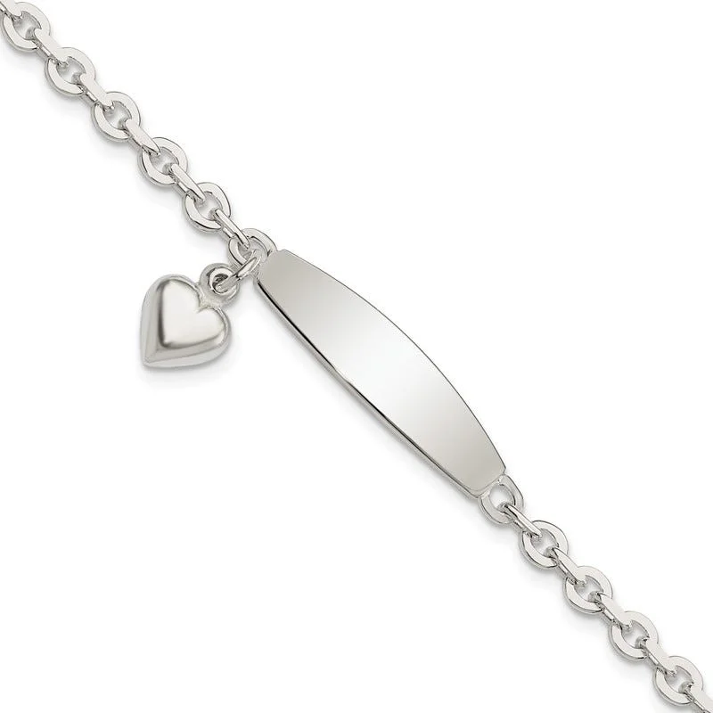 ladies bracelet statement woven-Sterling Silver Polished Rolo Link ID Heart Dangle Bracelet