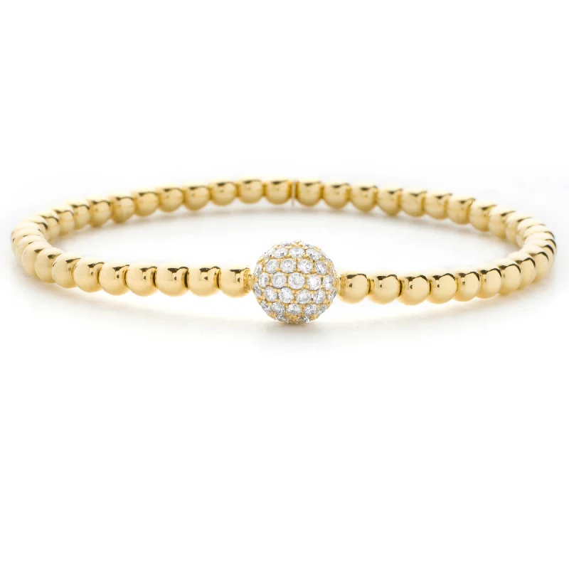 ladies bracelet black diamond romantic-Hulchi Belluni 18K Yellow Gold Stretch Stackable Bracelet with Large Pave Diamond Ball Station