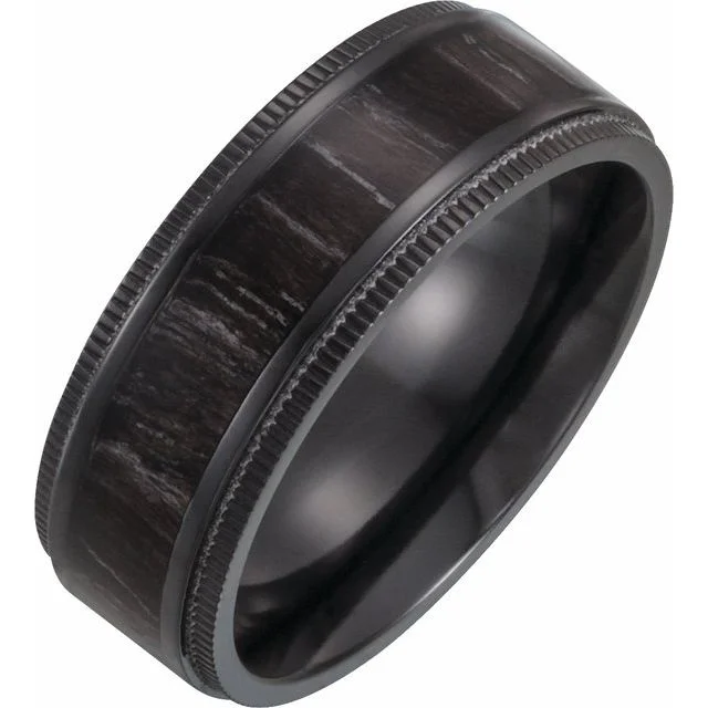 Ladies rings wire-wrapped rings-Black Titanium 8 mm Coin-Edge Band with Wood Inlay