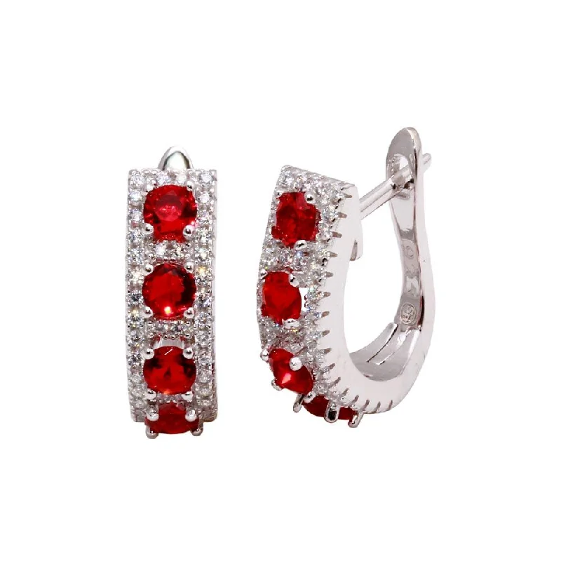 Ladies earrings 2025 style trends-Rhodium Plated 925 Sterling Silver Long huggie hoop Earrings with Red and Clear CZ - BGE00571