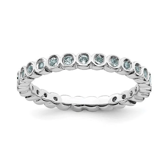 Ladies rings tiered gem designs-Sterling Silver Stackable Expressions Bezel Light Aquamarine 2.25mm Eternity Band