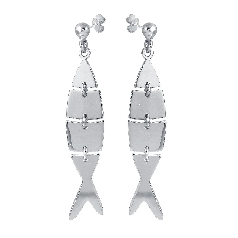 Ladies earrings fabric wrap styles-Rhodium Plated 925 Sterling Silver Dangling Flexible Fish Earrings - SOE00027