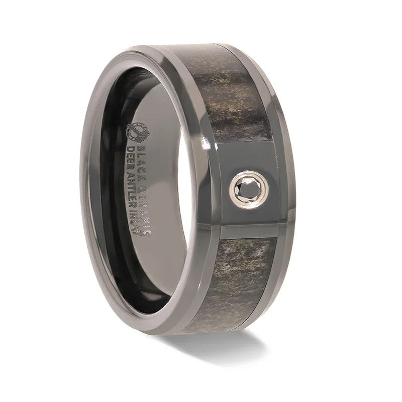 Ladies rings girlfriend surprise picks-Thorsten MONTANA Black Ceramic Ombre Deer Antler Inlay Polished Beveled Edges with Black Diamond - 8mm