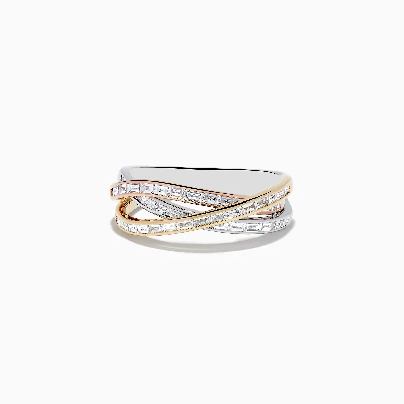 Ladies rings artisan metalwork styles-Trio 14K Tri Color Gold Crossover Diamond Band, 0.72 TCW