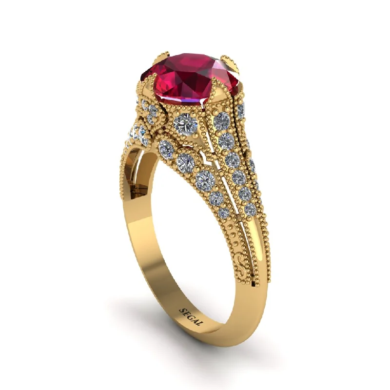 Ladies engagement rings bold gemstone cuts-Ruby Vintage Crown Engagement Ring - Talia No. 10